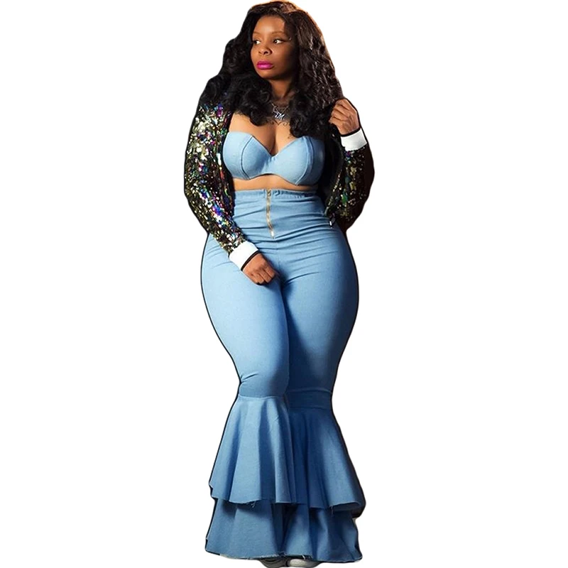 

Sexy Club Wear Two Piece Sets Women Strapless Crop Top Bra and Zipper Ruffles Flare Pants Suits Festival Matching Set Outfits