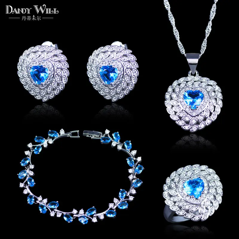 

925 Stamp Silver Color Costume Jewelry Fashion Light Blue CZ Crystal Pendant/Necklace/Earring/Ring/Bracelets Set For Women