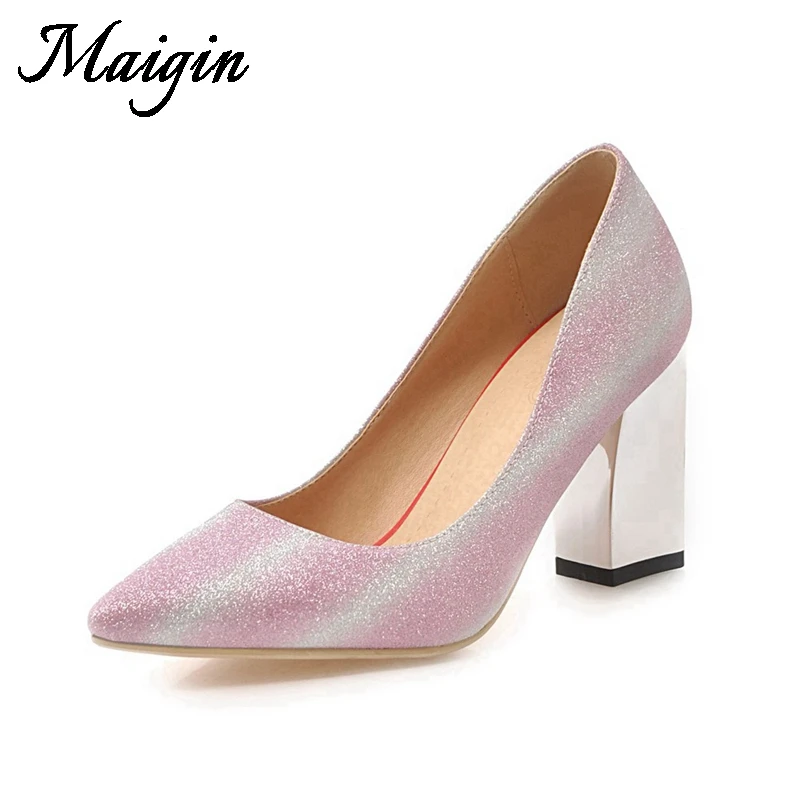 Maigin Block Heels Pumps Women Shoes Pointed Toe Slip-on Footwear 2018 New Big Size 10 Shallow High Heels Female Casual Shoes