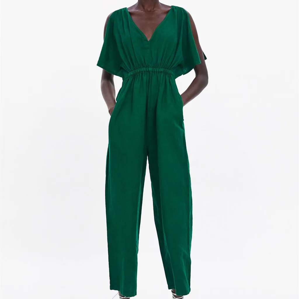 

Women Deep V-neck Lace Up Green Jumpsuits Sexy Cold Shoulder Short Sleeve Wide Leg Jumpsuit Clothing Casual Rompers