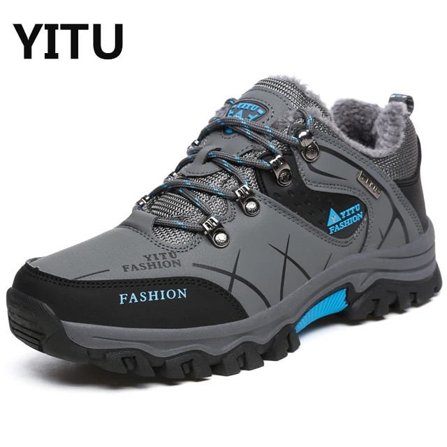 Plus Size 39-47 Men Mid Hiking Boots Lace-Up Fur Lined Winter Men's Waterproof Non-Slip Ankle Boots Mountain Climbing Shoes