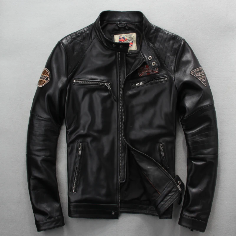 Gratis verzending. groothandel, lederen Jas, motor biker jas voor man. zwarte slanke schapenvacht jas. verkoop plus size cool