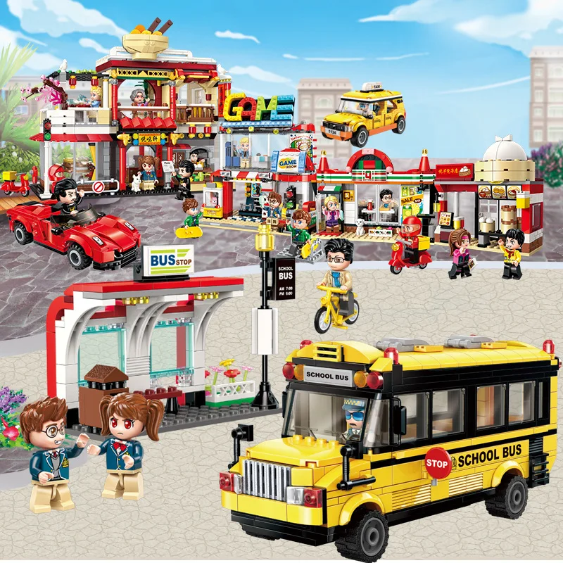 

Colorful City Streetview Car Bus Shop Figures Model Building Blocks Compatible Legoings City Store Bricks Kids Toys for Children