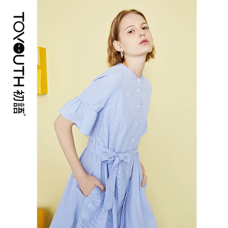 

Toyouth Women Button Shirt Dress Ruffle Sleeve Pocket Stand Collar A-Line Dress Casual Vacation Beach Mini Dress With Waist Belt