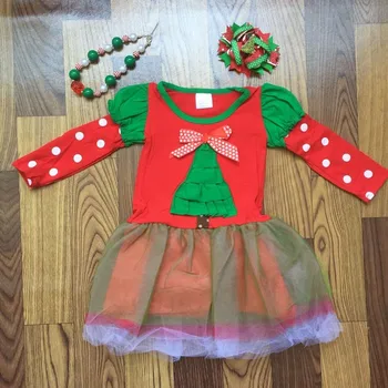 

girl red green christmas dress kids Xmas outfits with matching christmas bow and necklace 2017 new arrival new year clothing