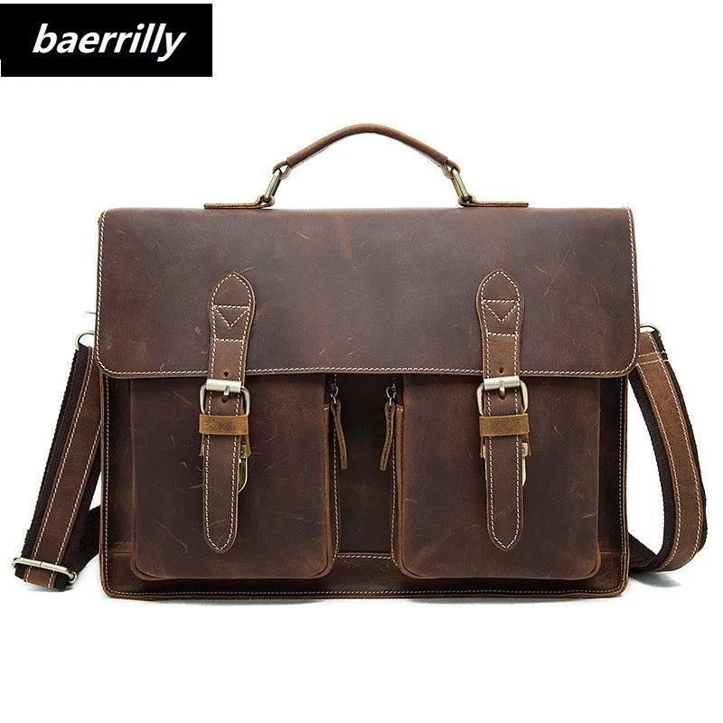 

Top Grade Male business Men's Vintage genuine Crazy Horse Leather Briefcase Messenger Shoulder Portfolio Laptop Bag Case Handbag