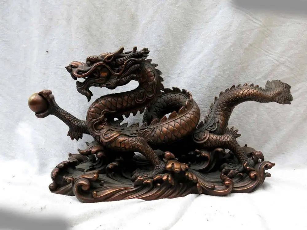 

8" China red bronze carved lucky dragon play bead on sea wave Sculpture Statue