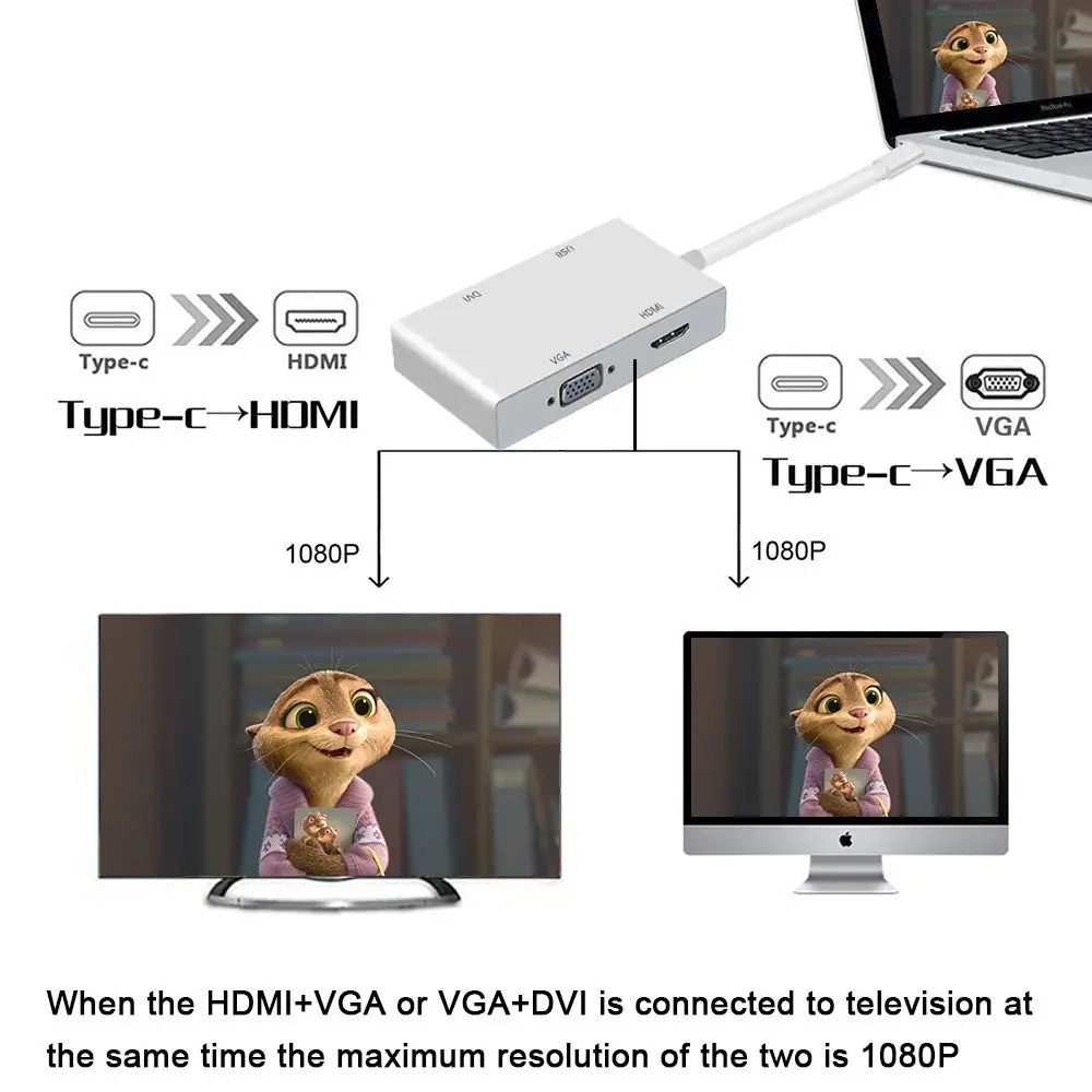 4 в 1 USB 3 C Type к HDMI VGA DVI 0 кабель адаптер для ноутбука MacBook/MacBook Pro/Dell XPS/Samsung Galaxy|Кабели