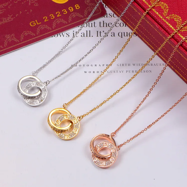 

2018 Brand full cz fashion titanium steel Double circle Carter Love Pendant Necklace for women fashion couple jewelry