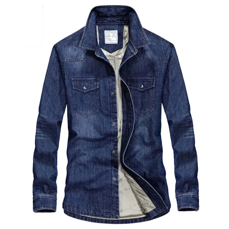 

Autumn Winter Warm Shirt Long Sleeve Men Thicken Fleece Casual Shirt Cowboy Denim Jeans Shirt Cotton Male Clothes Plus Size Blue