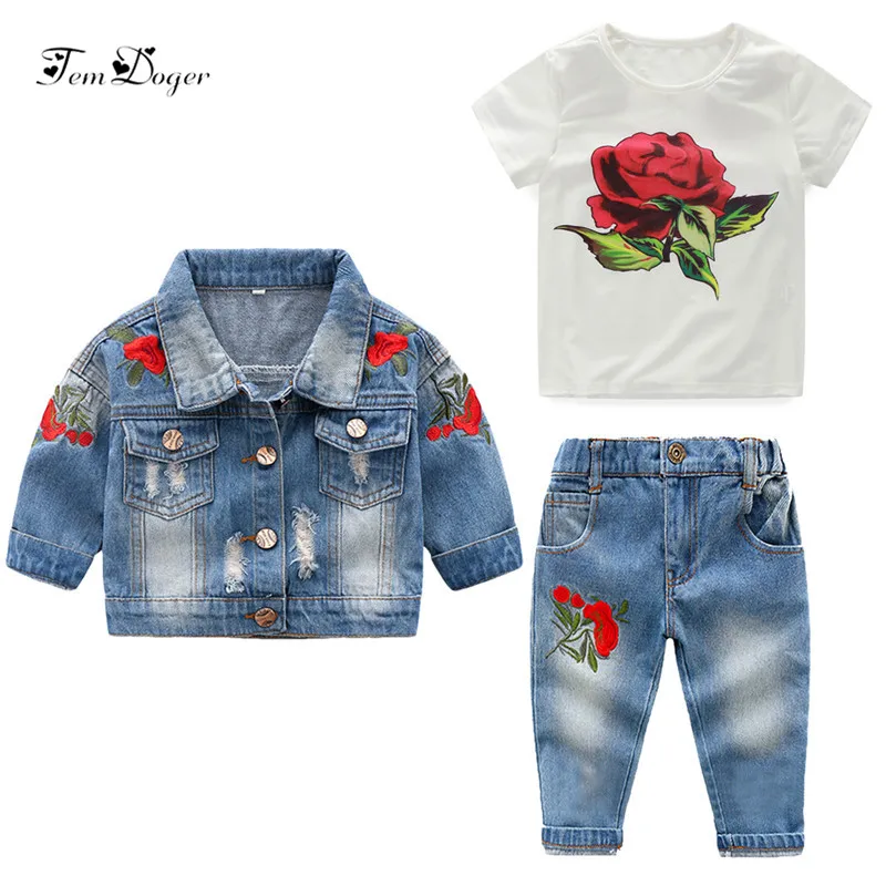 Tem Doge/комплекты одежды для девочек г., детская джинсовая одежда для девочек Джинсовая куртка+ джинсы+ рубашка, комплект из 3 предметов, комплект одежды с вышивкой розы для девочек