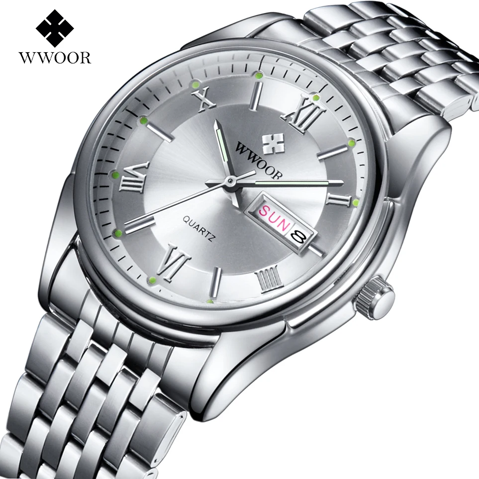 

Men Watches Luxury Brand Day Date Luminous Hour Clock Silver Steel Strap Casual Quartz Watch Men Sports Wrist Watch Male Relogio