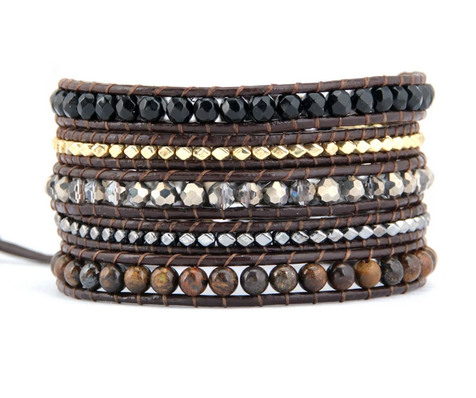 

High Quality 5 Strands Natural Stones with Gold Silver Beads Leather Wrap Bracelet Beaded Bangle Bracelet Punk Couple Jewelry