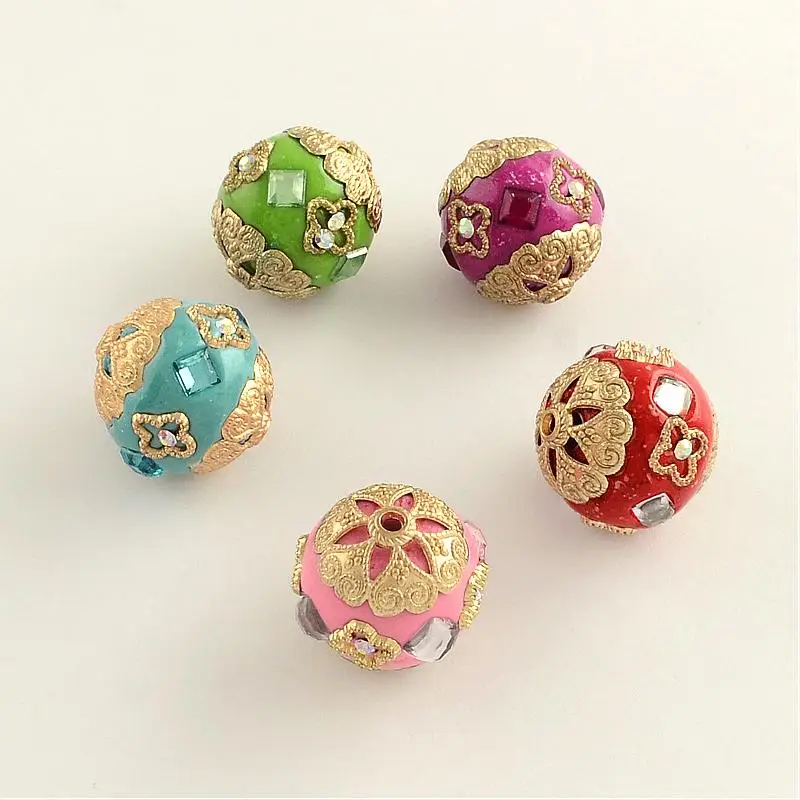 

Round Handmade Rhinestone Indonesia Beads, with Glass Cabochons and Golden Tone Alloy Cores, Mixed Color, 19~21x20mm, Hole: 2mm