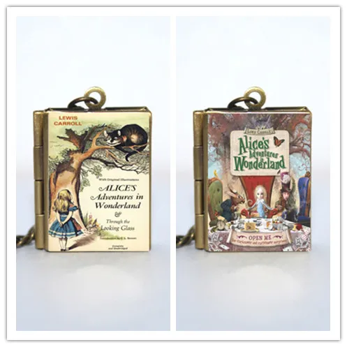 

Alice's Adventures in Wonderland book Locket Necklace Keyring silver & BRONZE tone B2200