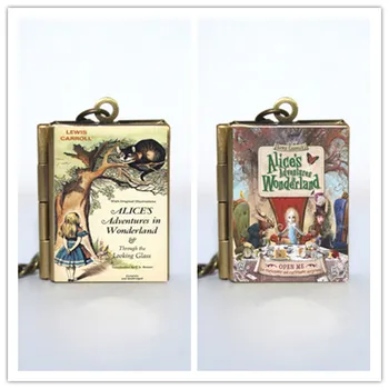 

Alice's Adventures in Wonderland book Locket Necklace Keyring silver & BRONZE tone B2200