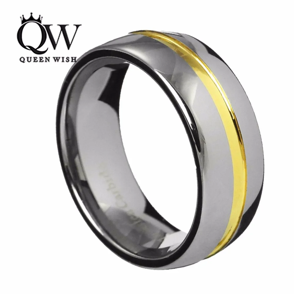 Queenwish 8mm Dome Tungsten Carbide Two Tone Wedding Ring Engagemen Band 24k GoldPlated Center Groove With