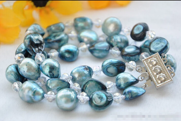 

Free shipping >>>>>>z5688 3row 8" 14mm blue baroque pearl faceted crystal bracelet
