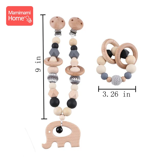 Детский деревянный Прорезыватель для зубов, 1 набор, зажим для детской коляски, бук, грызун, гимнастическая игра, персонализированное имя, соска, цепь, жевательный браслет, детские товары, игрушка - Цвет: Black Set 3