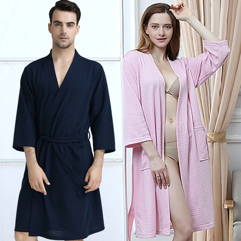 

Men Women Summer Kimono Bath Robe Suck Water Mens Dressing Gown Sexy Knitted Waffle Spa Robes Male Solid Bathrobe Peignoir Homme