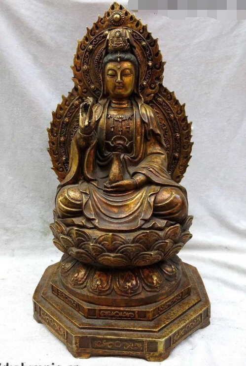 

16" China Tibet bronze gild buddhism lotus stage bottle Kwan-yin buddha Statue