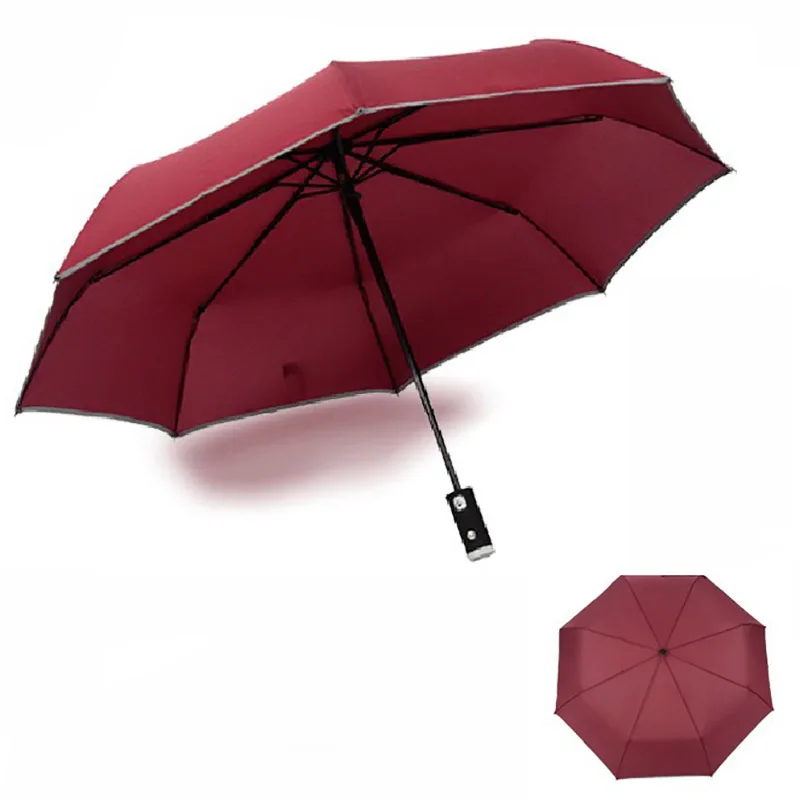 Большой светодиодный Автоматический Складной Зонтик, японские сильные ветрозащитные супер широкие уличные синие и черные зонты от дождя для женщин и мужчин - Цвет: Red Wine
