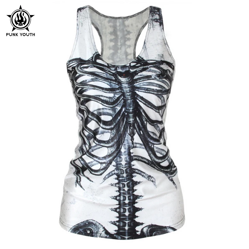 Skull Head Design 3D Print Tank Tops Women Tanks & Camis White Ribs