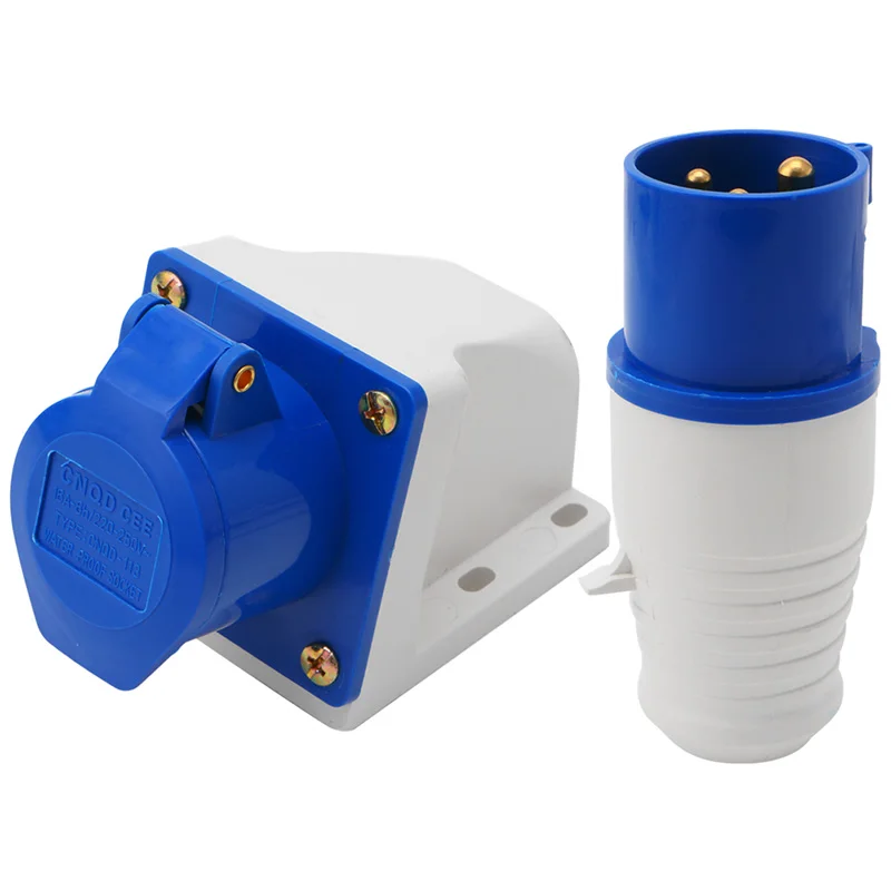 16 Amp 3 Pin Industrial Plug+Socket 220 250V Weatherproof IP44 2P+E