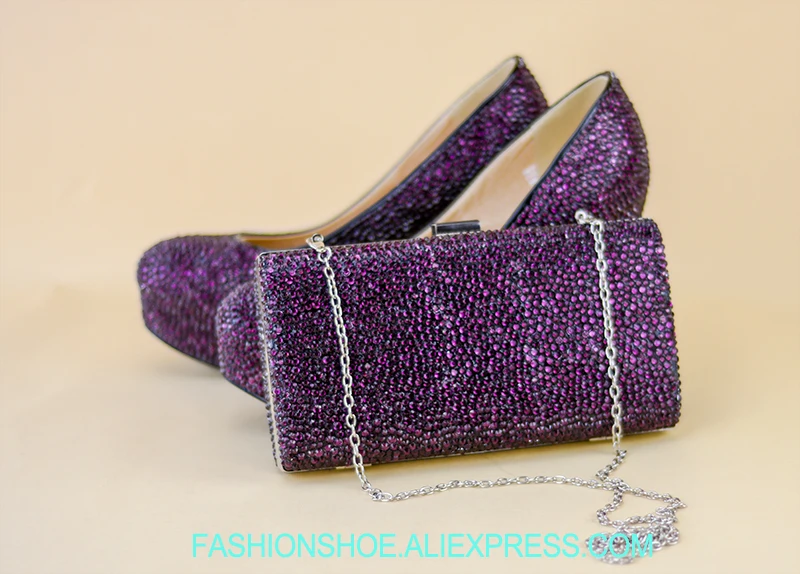 

2018 New Original Design Shoe and Bag Set For Party Wedding TV Program Dress Shoes Heavy Purple Color Crystal Heels Large Size