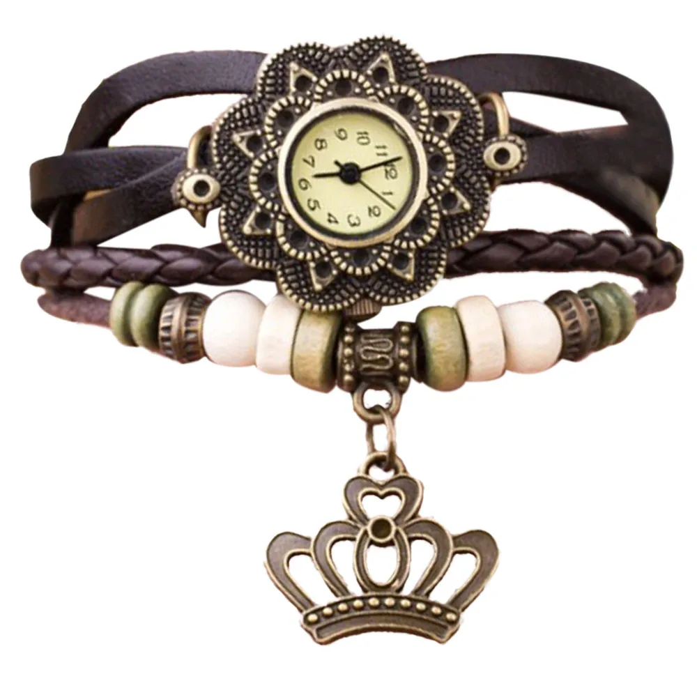 

2017 New Fashion Women Quartz Weave Around Leather Crown Bracelet Watch Lady Wrap Retro WristWatch Relogio Feminino Montre Femme