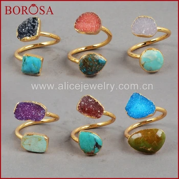 

BOROSA 5PCS Fashion Gold Color Natural Turquoises & Agates Druzy Ring Freeform Natural Blue Stone Adjustable Rings Jewelry G0126