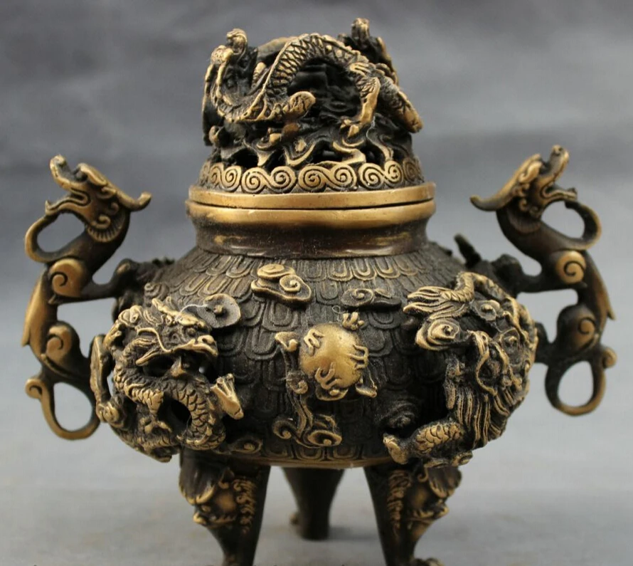 

song voge gem S4322 Tibet Bronze Buddhism Fly Dragon Ball Lion Head Statue Incense Burner Censer