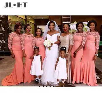 

Elegant Long Bridesmaid Dresses With Lace Mermaid Half Sleeveless Stain African Maid of Honor Wedding Guest Bridesmaid Dress