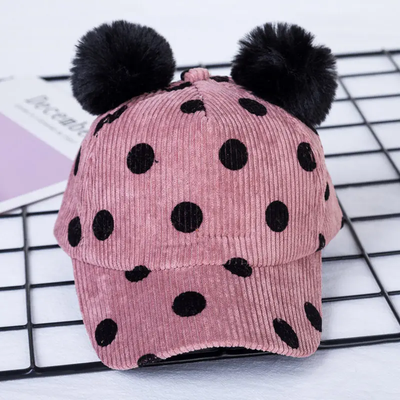 Dots Baby Baseball Hat Toddler Boy Girl Visor Cap Wide Brim Children Pompom Cap Corduroy Warm Fabrics Adjustable Size Infant Hat (3)