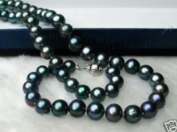 

9-10mm tahitian black green genuine round pearl necklace 14k/20