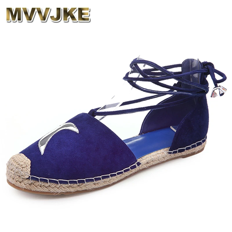 

MVVJKE 2018 New autumn suede flats espadrilles women fashion ankle cross-tied knot round toe fretwork hemp rope zapatos mujer