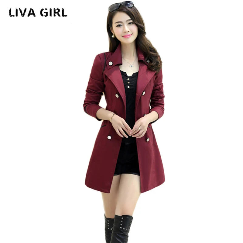 Liva girl, весенне-осенний Тренч, пальто, отложной воротник, повседневный Тренч, женское однотонное длинное приталенное двубортное пальто, 3xl 4xl
