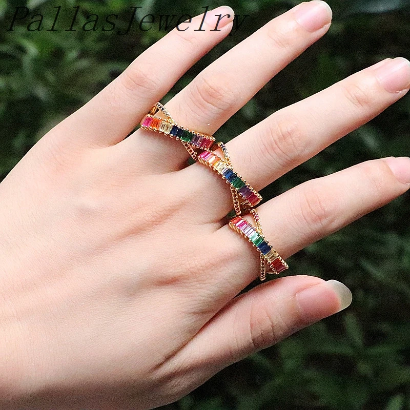 

10Pcs Fashion jewelry Gold-Color colorful cz ring for women jewelry paved rainbow cz Engagement rings