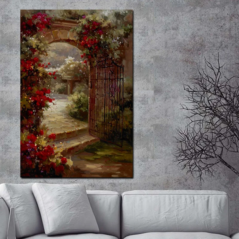 Abstract Pastoral House Flowers Door Landscape Oil Painting HD Print on Canvas Garden Poster Wall Art Picture for Livinng Room (3)