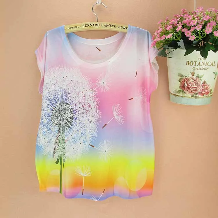 

Dandelion pattern women top tees short-sleeved o-neck tshirt 2015 new arrival summer tee low price wholesale promotion sale