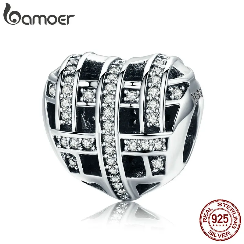 

BAMOER Authentic 925 Sterling Silver Romantic Woven Love Heart Openwork Charm Beads fit Women Charm Bracelet DIY Jewelry SCC566