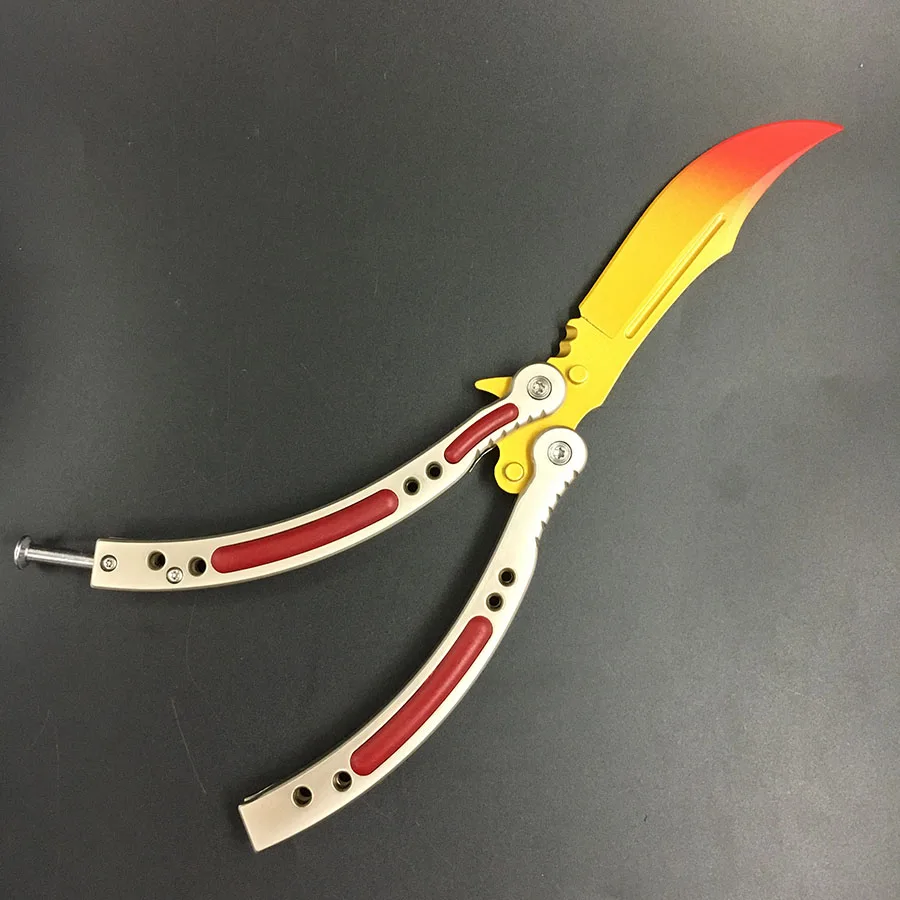CS GO бабочка в ноже Karambit складной нож тренировочный нож подарок balisong Практичный Нож не заточенный металл - Цвет: Red yellow fading