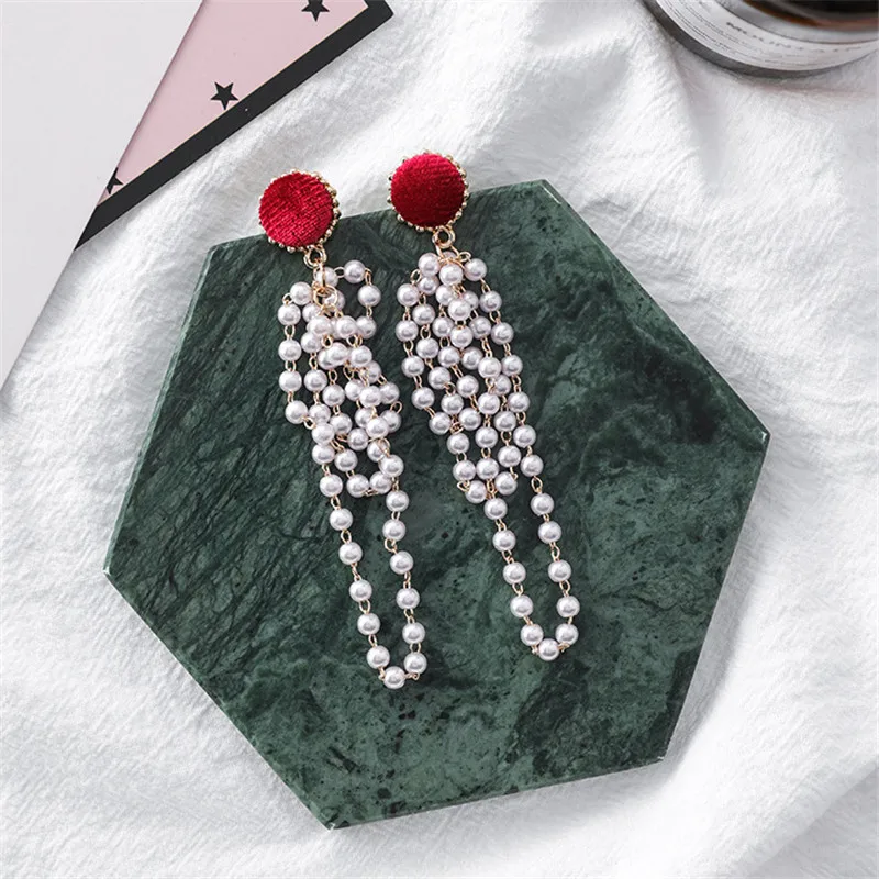 New Elegant Velvet Button Long Beaded Pearl Tassel Drop Earrings for Women Fashion Jewelry Statement Dangle Earring 6G2011