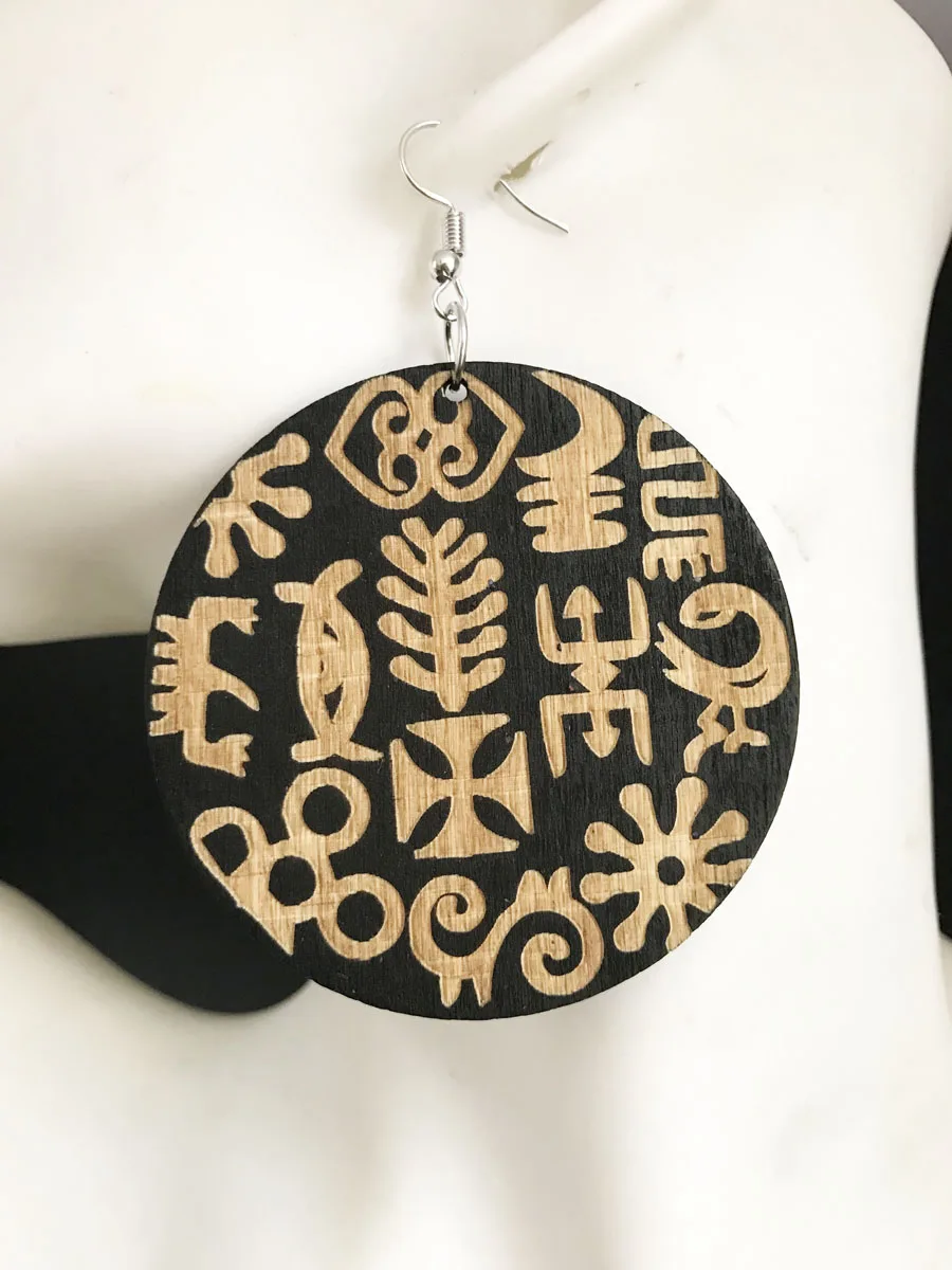 Африканский Символ Adinkra этнические круглые деревянные висячие серьги ювелирные