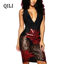 QILI New Hot Women Sequin Dress Mesh Patchwork Flower Sequined Elegant Lady Dresses Sleeveless V neck Knee-Length Dress цена QILI New Hot Women Sequin Dress Mesh Patchwork Flower Sequined Elegant Lady Dresses Sleeveless V neck Knee-Length Dress цены онлайн