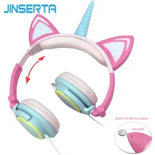 JINSERTA Flashing Unicorns Kids Headphones Foldable Gaming Headset Earphone With LED Light Ear Pods For PC Computer Mobile Phone hair band bluetooth wireless cat ear headphones gaming headset earphone with led light for pc laptop computer mobile phone