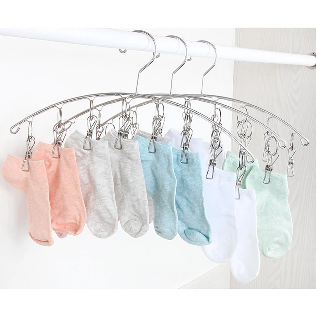 2PCS Stainless Steel Drying Hanger Rack 8/10 Pegs Clip Laundry Clothesline Dryer for Socks Underwear Towel Scarves (Arc Design)