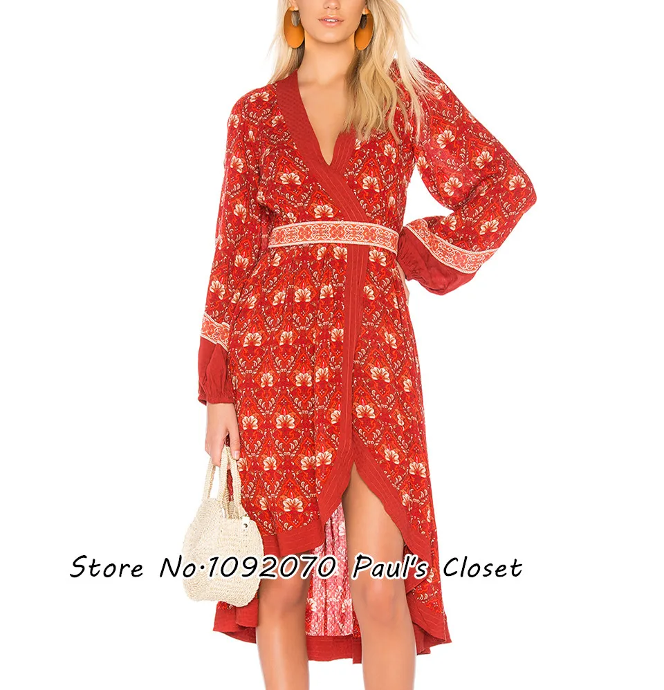 

Women Floral Print Surplice Neckline Jewel Soiree Dress