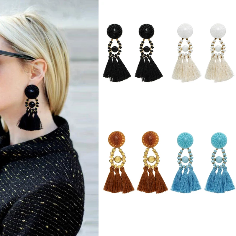 

1 Pair Girls Bohemia Tassel Beads Earrings With Stud Women Folk Jewelry Eardrop Vintage Elegant Personality Statement Dangler