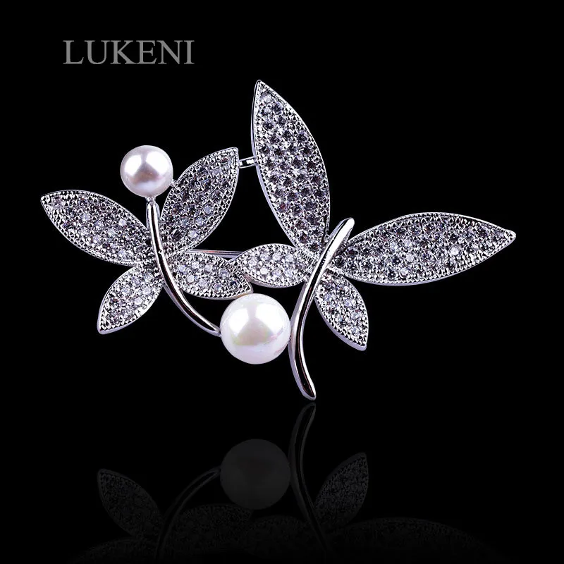 

LUKENI High Quality Fashion AAA Cubic Zirconia Pave Setting Dragonfly Shaped Pearl Brooch Women'S Accessaries